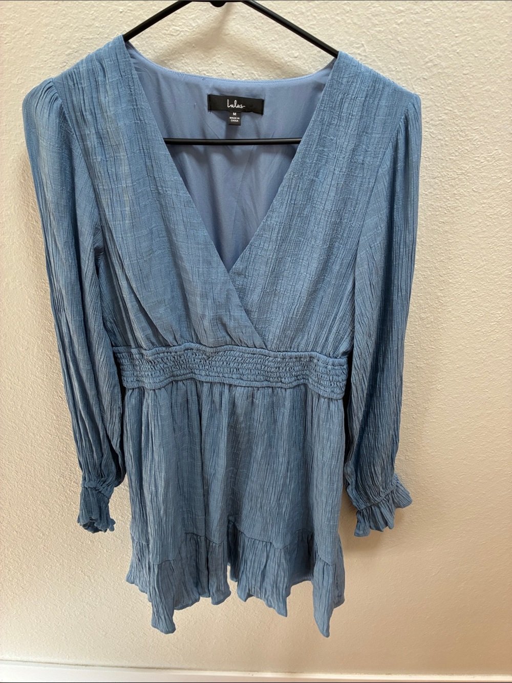 Lulu's Dusty Blue V-Neck Long Sleeve Smocked Waist Mini Dress